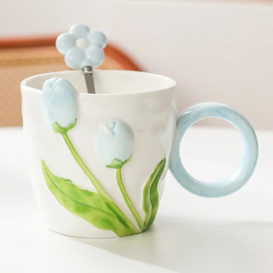 Caneca de Cerâmica Esculpida à Mão de Tulipa Com Colher