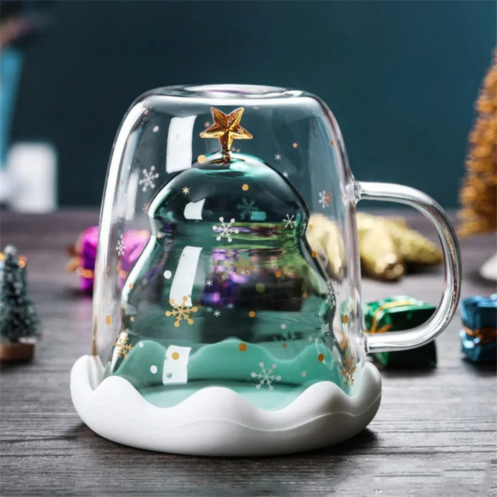 Caneca de Vidro Duplo Criativa de Árvore de Natal 300ml