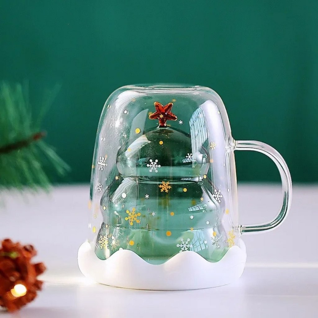 Caneca de Vidro Duplo Criativa de Árvore de Natal 300ml