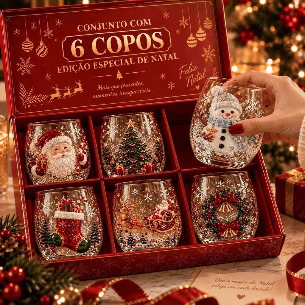 Encanto Natalino - Conjunto com 6 Copos de Vidro 3D para a Ceia