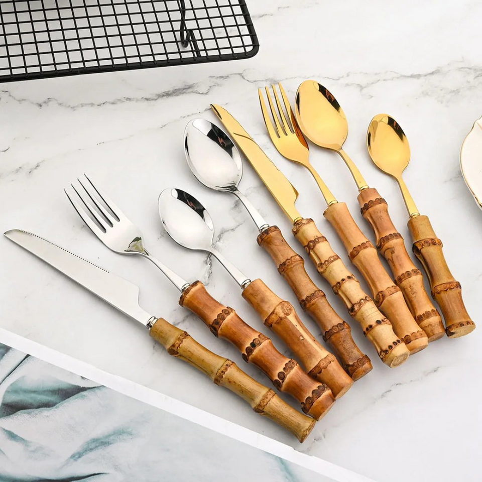 Conjunto de Talheres de 24 Peças com Cabo de Bambu em Aço Inoxidável