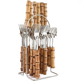 Conjunto de Talheres de 24 Peças com Cabo de Bambu em Aço Inoxidável