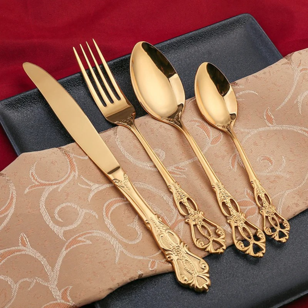 Conjunto de Talheres Luxo Aço Inoxidável 24 Peças Ouro e Prata