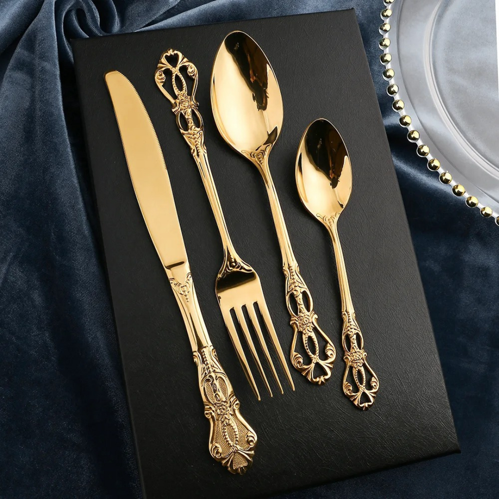 Conjunto de Talheres Luxo Aço Inoxidável 24 Peças Ouro e Prata