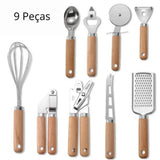 Conjunto de Utensílios de Cozinha com Cabo de Madeira 9 Peças Funcional e Estiloso