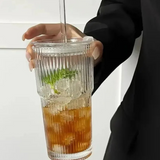 Copo de Vidro Listrado com Tampa e Canudo 600ml
