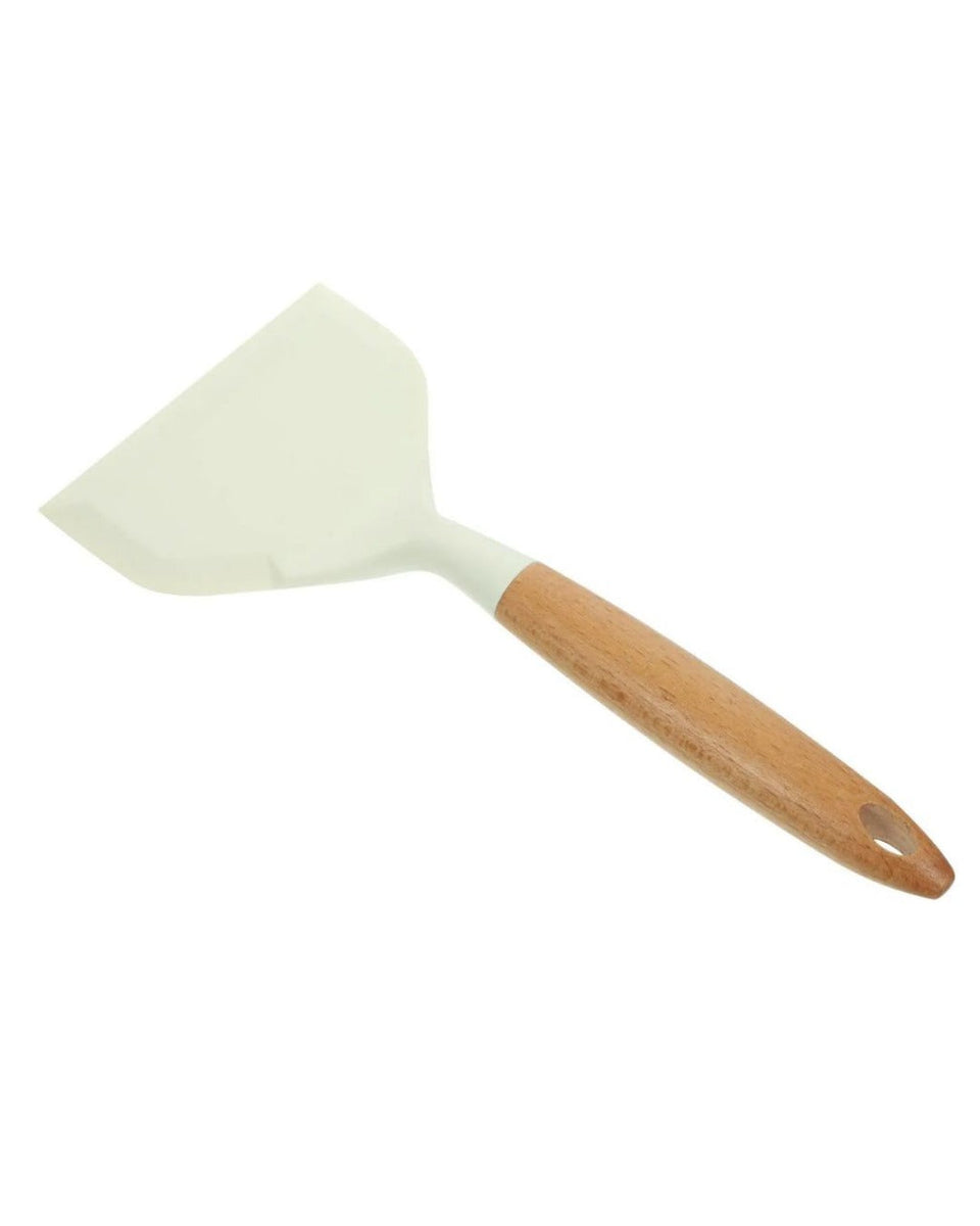 Espátula de Fritar de Silicone Branca com Cabo de Madeira Grande Antiescaldante