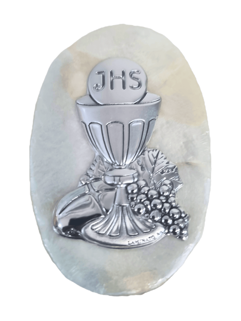 Porta Terço Italiano de Madrepérola e Prata Oval Eucaristia 7 x 4,5 cm