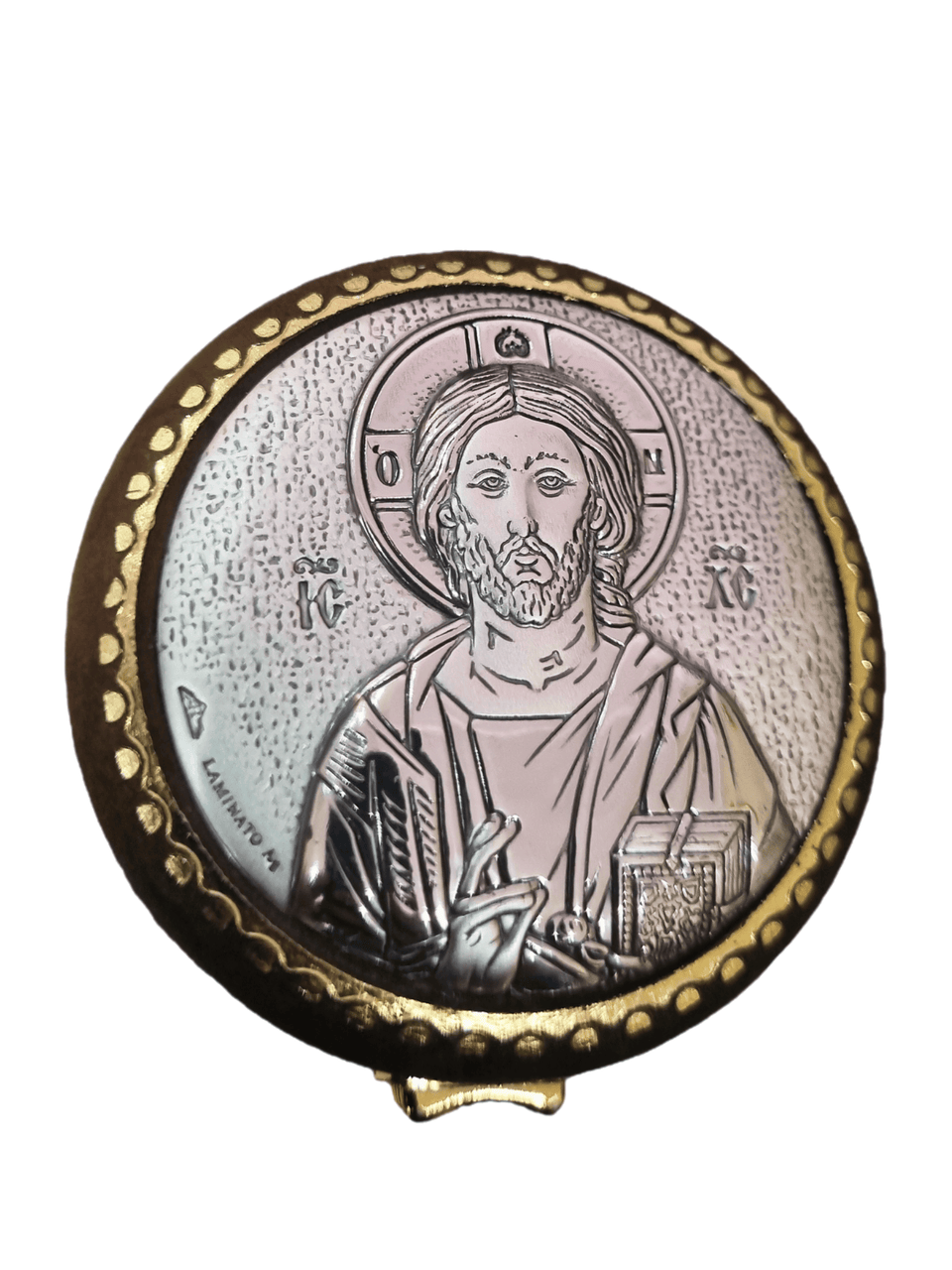 Porta Terço Redondo com Prata Jesus Pantocrator 5,5 cm x 5,5 cm