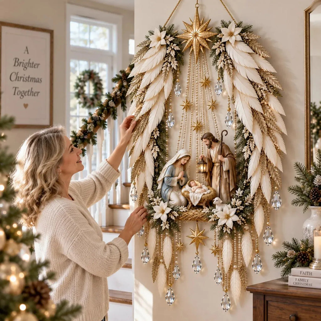 Anjo da Guarda Natalino Iluminado — Presépio de Parede com Luz Dourada