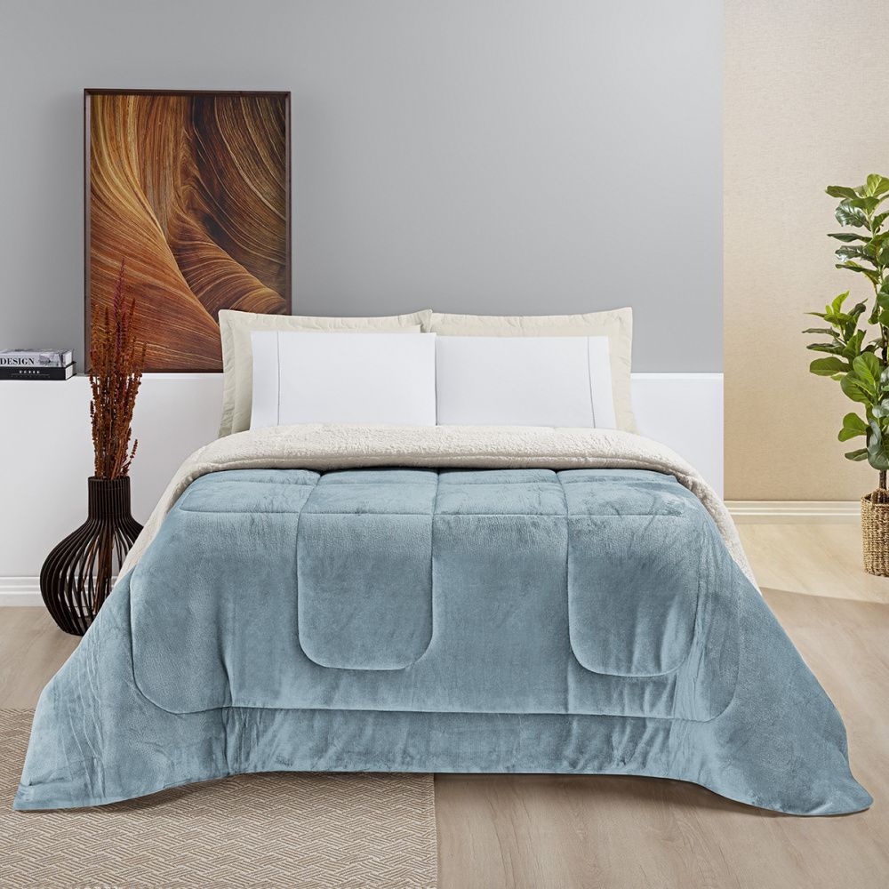 Coberdrom Cobertor Manta Sherpa Pele de Carneiro 490g/m² Dupla Face Aspen Azul