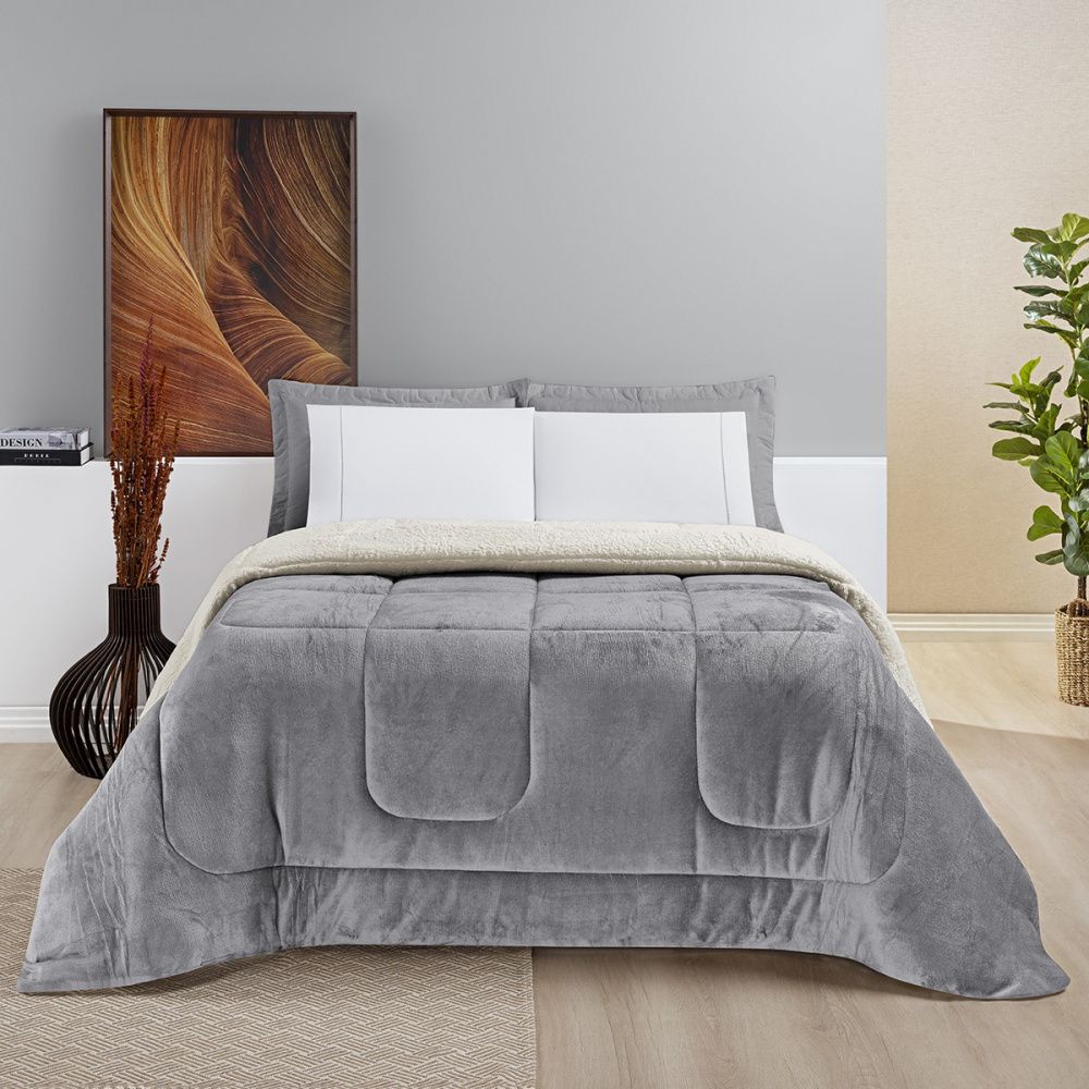 Coberdrom Cobertor Manta Sherpa Pele de Carneiro 490g/m² Dupla Face Aspen Cinza
