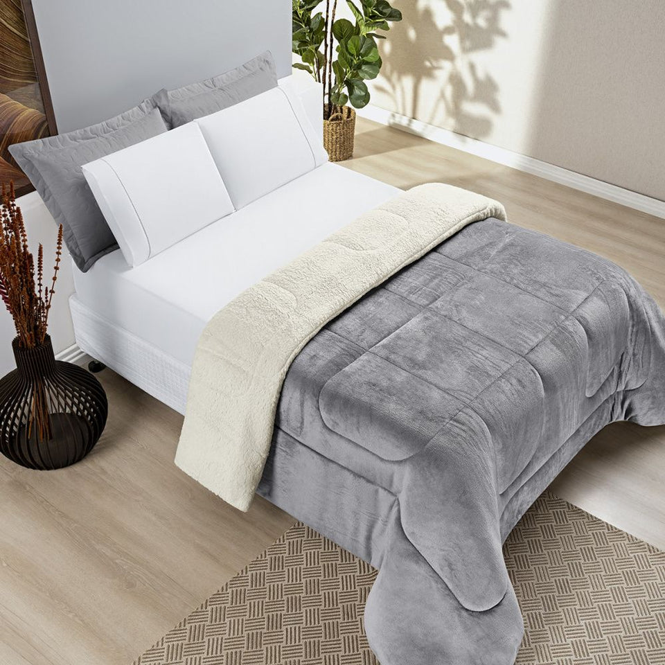 Coberdrom Cobertor Manta Sherpa Pele de Carneiro 490g/m² Dupla Face Aspen Cinza