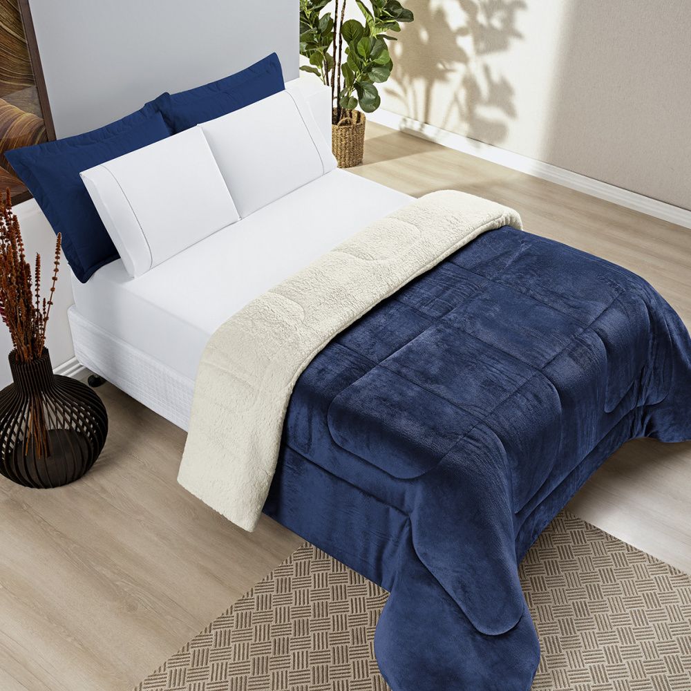 Coberdrom Cobertor Manta Sherpa Pele de Carneiro 490g/m² Dupla Face Aspen Marinho