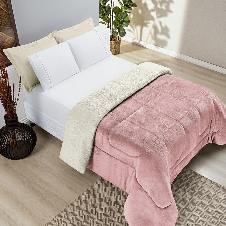 Coberdrom Cobertor Manta Sherpa Pele de Carneiro 490g/m² Dupla Face Aspen Rosa