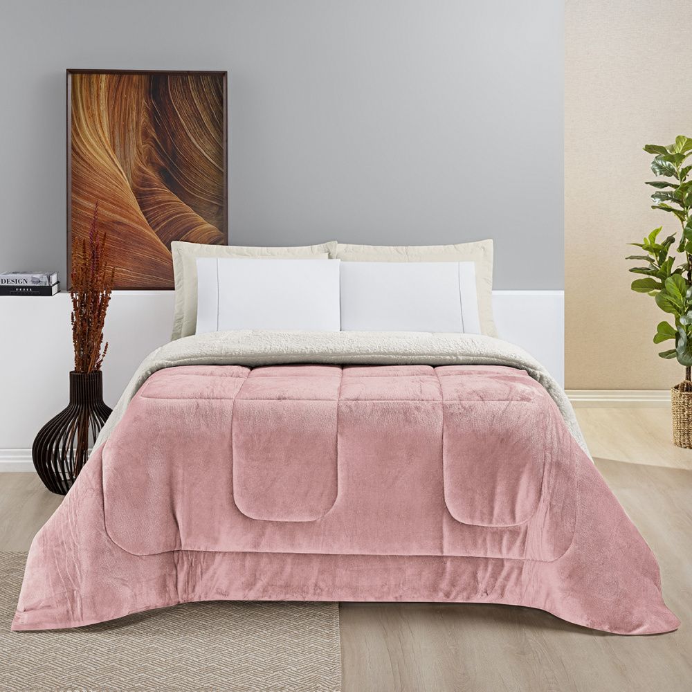 Coberdrom Cobertor Manta Sherpa Pele de Carneiro 490g/m² Dupla Face Aspen Rosa
