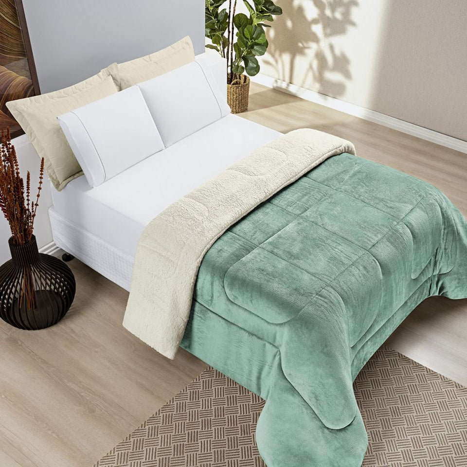 Coberdrom Cobertor Manta Sherpa Pele de Carneiro 490g/m² Dupla Face Aspen Verde