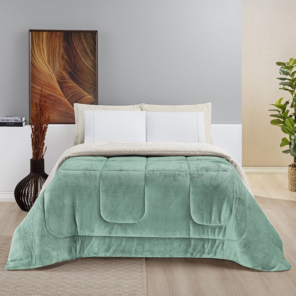 Coberdrom Cobertor Manta Sherpa Pele de Carneiro 490g/m² Dupla Face Aspen Verde