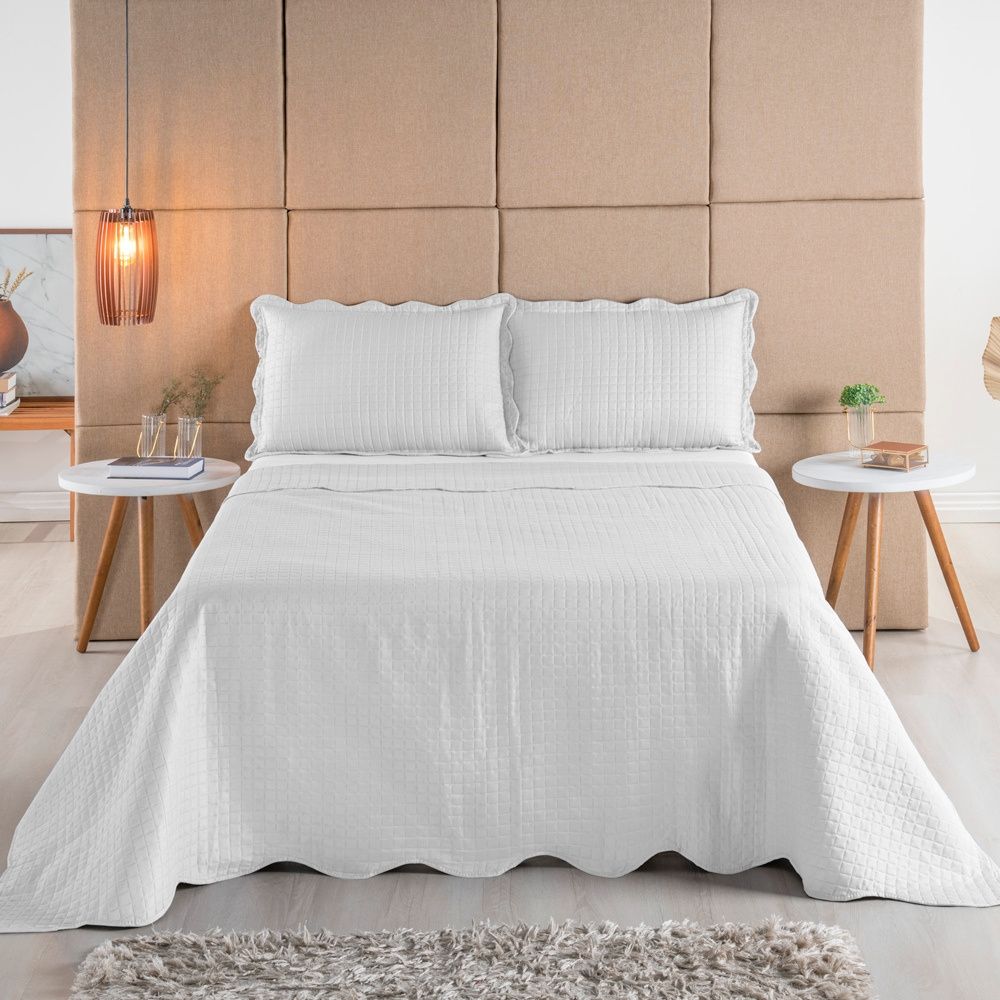 Cobre Leito Colcha Boutis Pastilhas Dupla Face 150 Fios Branco
