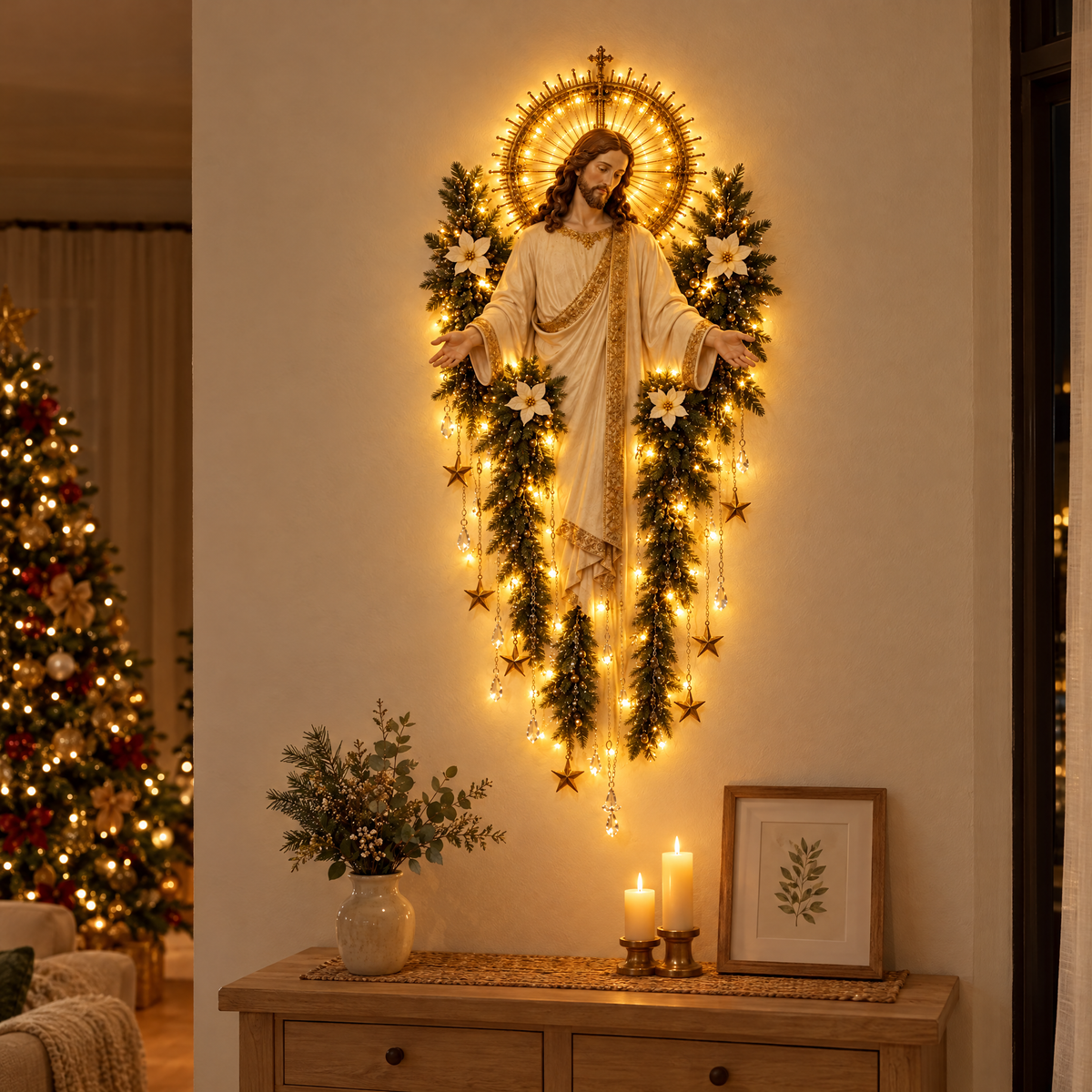 Cristo Iluminado – Decoração de Parede com Luz Dourada