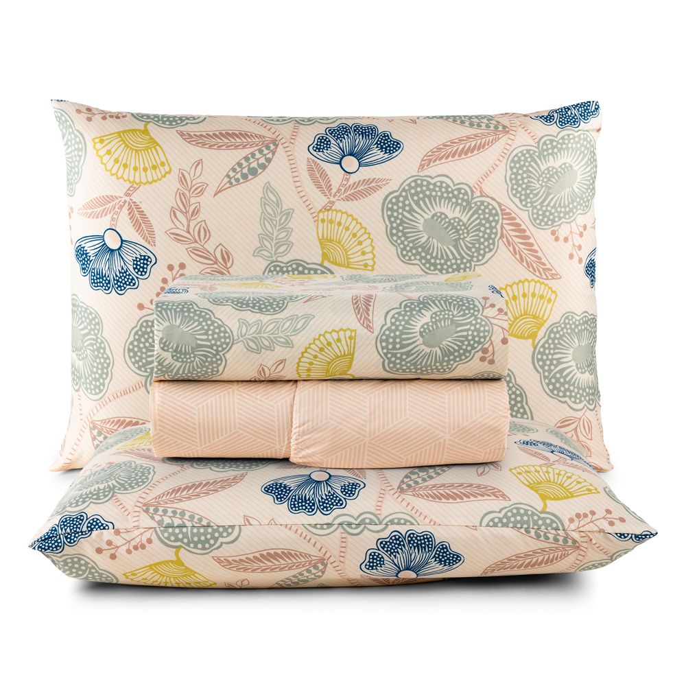 Jogo de Lençol Percal 300 Fios Estampado Lisboa Artsy Floral Areia