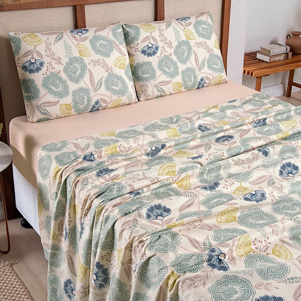 Jogo de Lençol Percal 300 Fios Estampado Lisboa Artsy Floral Areia