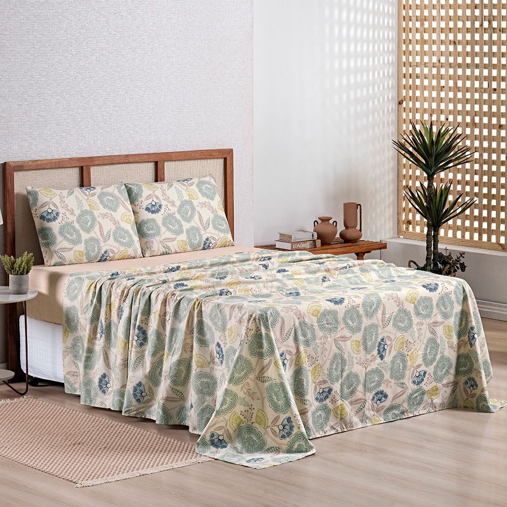 Jogo de Lençol Percal 300 Fios Estampado Lisboa Artsy Floral Areia