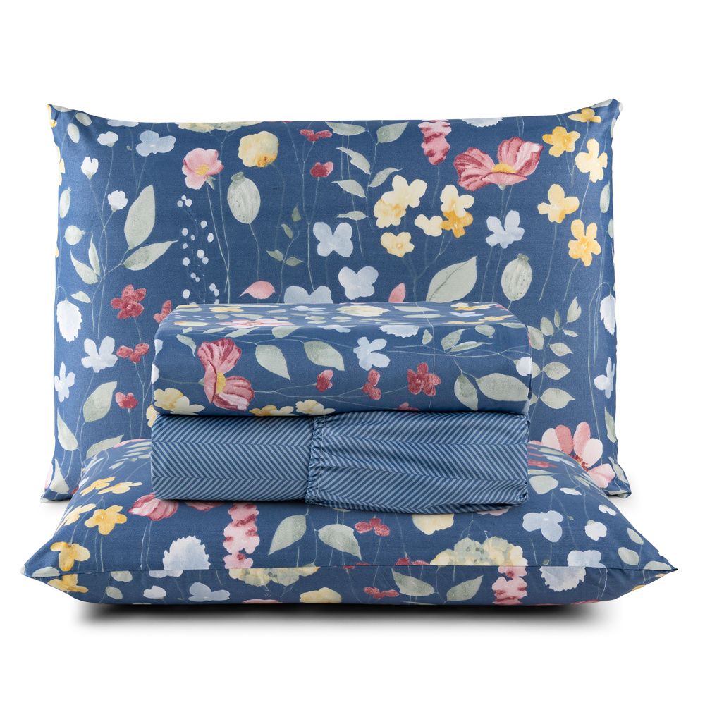 Jogo de Lençol Percal 300 Fios Estampado Lisboa Botanic Floral Azul
