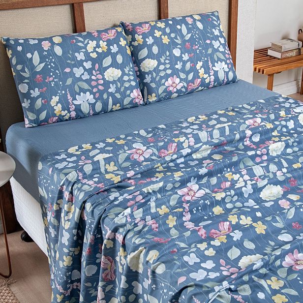 Jogo de Lençol Percal 300 Fios Estampado Lisboa Botanic Floral Azul