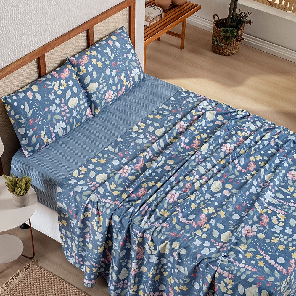 Jogo de Lençol Percal 300 Fios Estampado Lisboa Botanic Floral Azul
