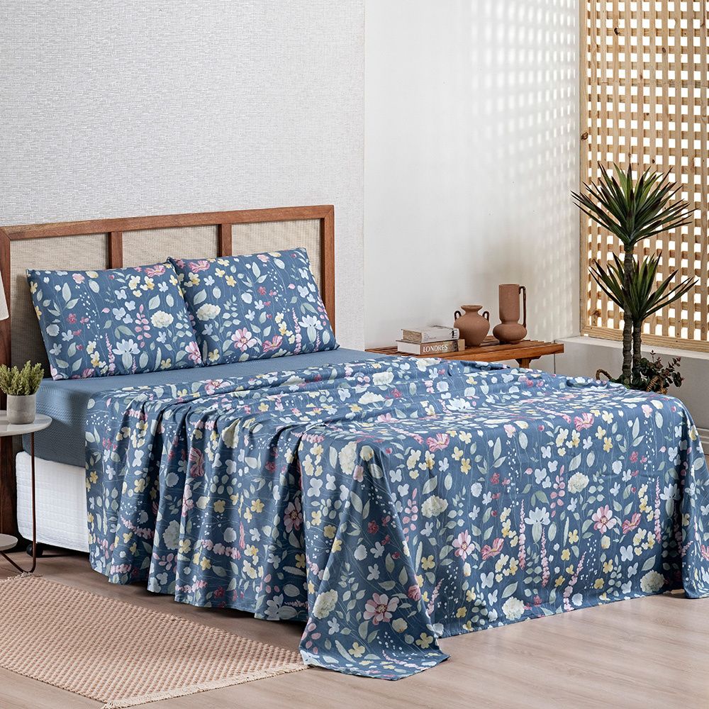 Jogo de Lençol Percal 300 Fios Estampado Lisboa Botanic Floral Azul