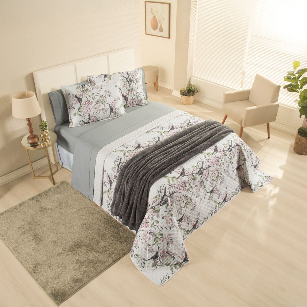 Kit Cama Posta Sabrina Cinza/Jardim Rosê/Prata