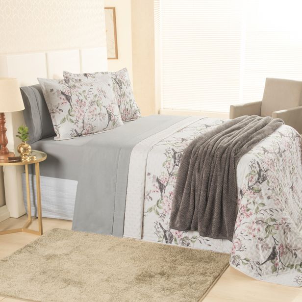 Kit Cama Posta Sabrina Cinza/Jardim Rosê/Prata