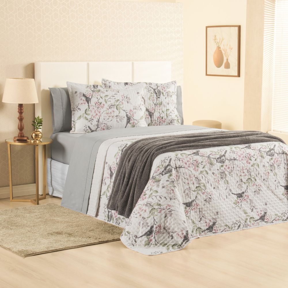 Kit Cama Posta Sabrina Cinza/Jardim Rosê/Prata