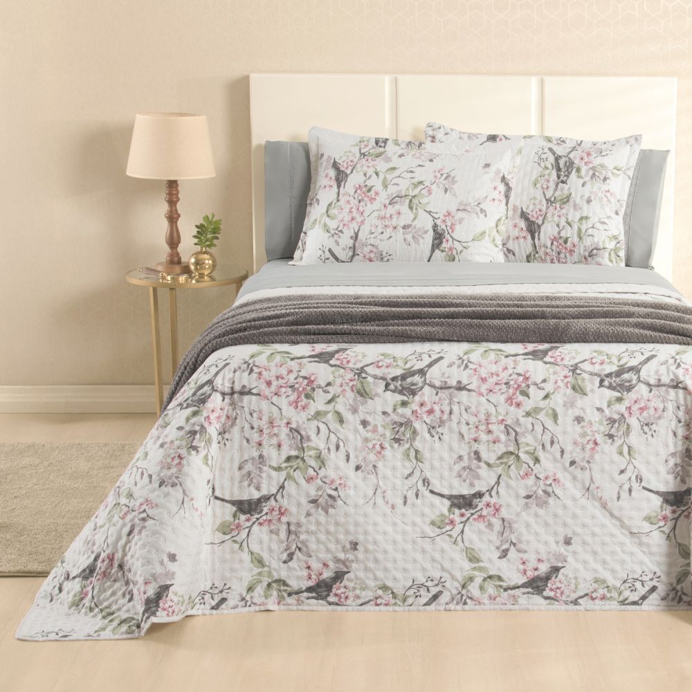 Kit Cama Posta Sabrina Cinza/Jardim Rosê/Prata