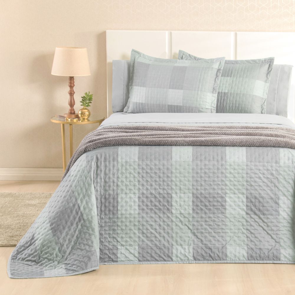 Kit Cama Posta Sabrina Cinza/Xadrez Verde/Prata