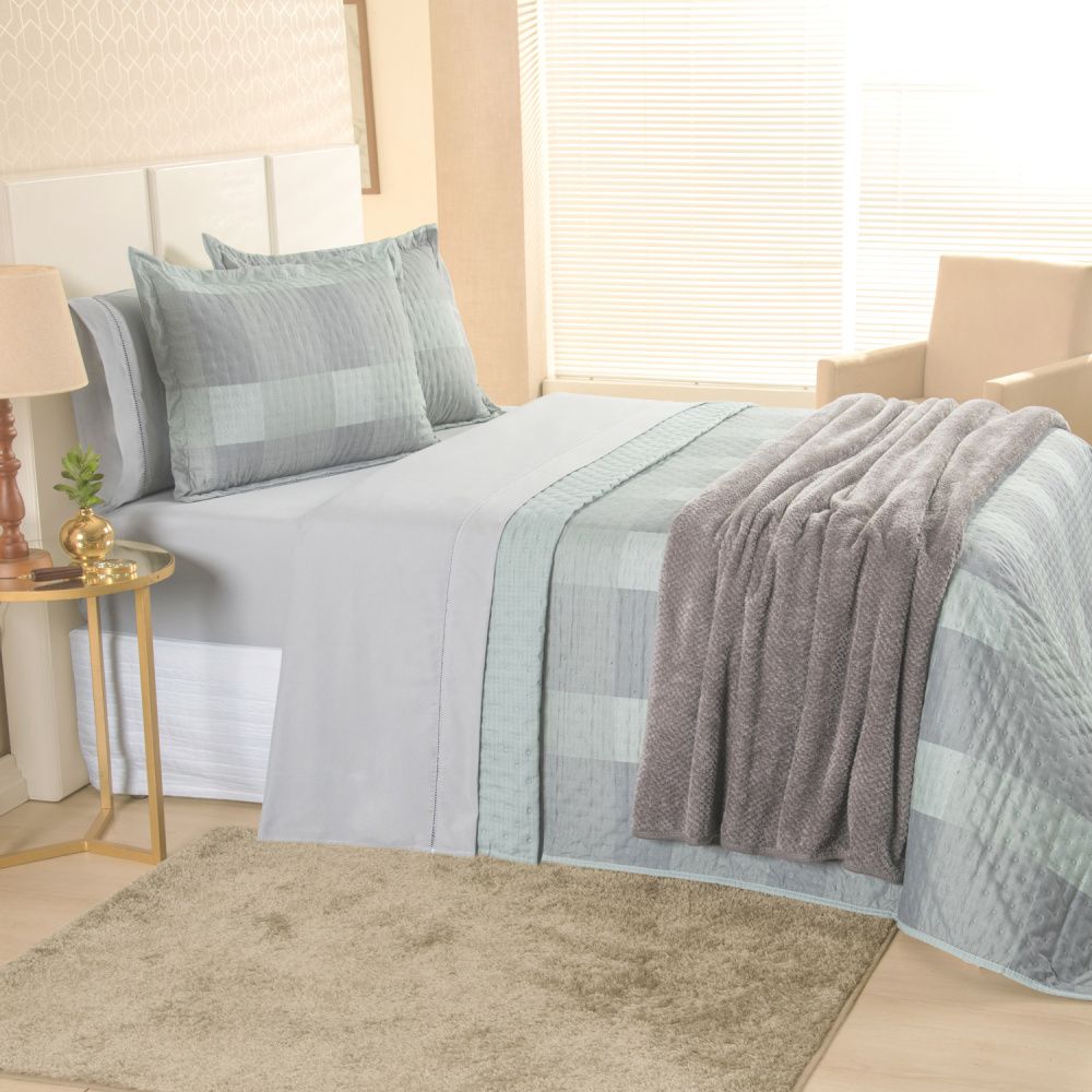 Kit Cama Posta Sabrina Cinza/Xadrez Verde/Prata
