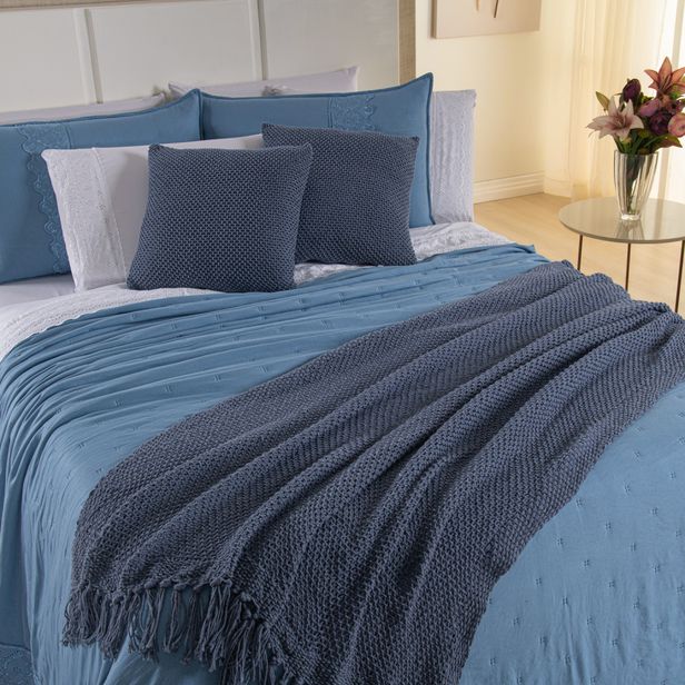 Kit Cama Posta Serena Percal 300 Fios Bordado Inglês Azul/Branco