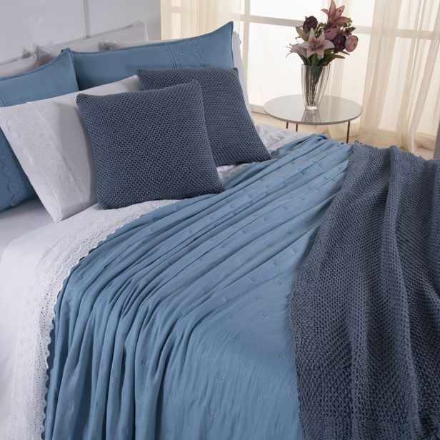Kit Cama Posta Serena Percal 300 Fios Bordado Inglês Azul/Branco