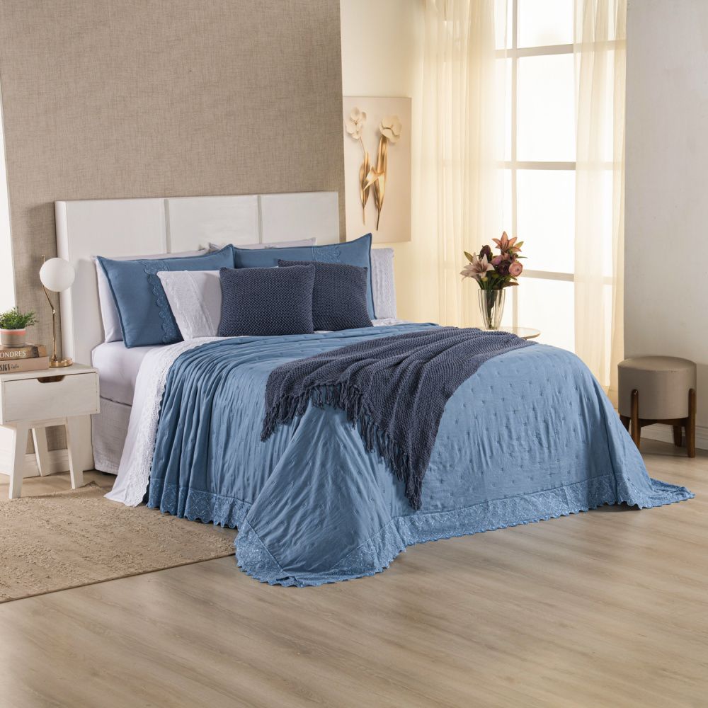 Kit Cama Posta Serena Percal 300 Fios Bordado Inglês Azul/Branco