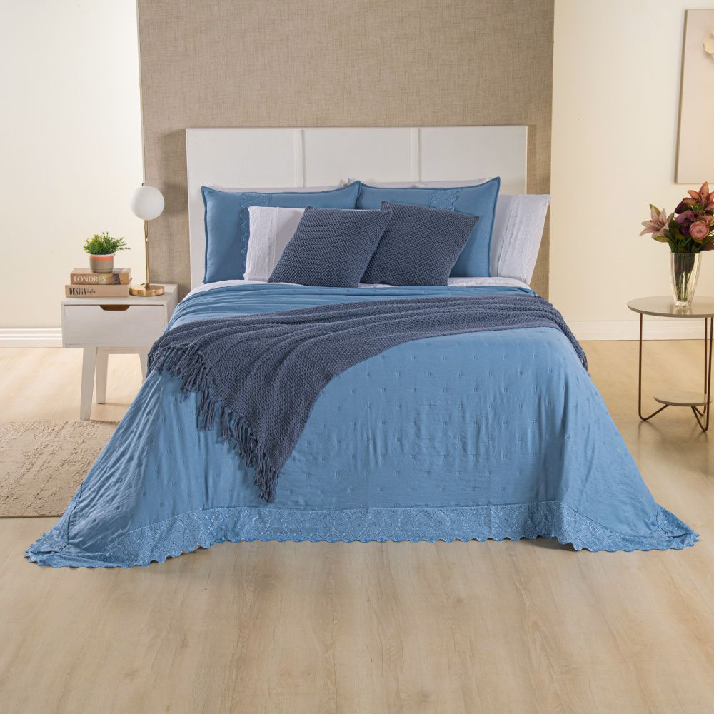 Kit Cama Posta Serena Percal 300 Fios Bordado Inglês Azul/Branco