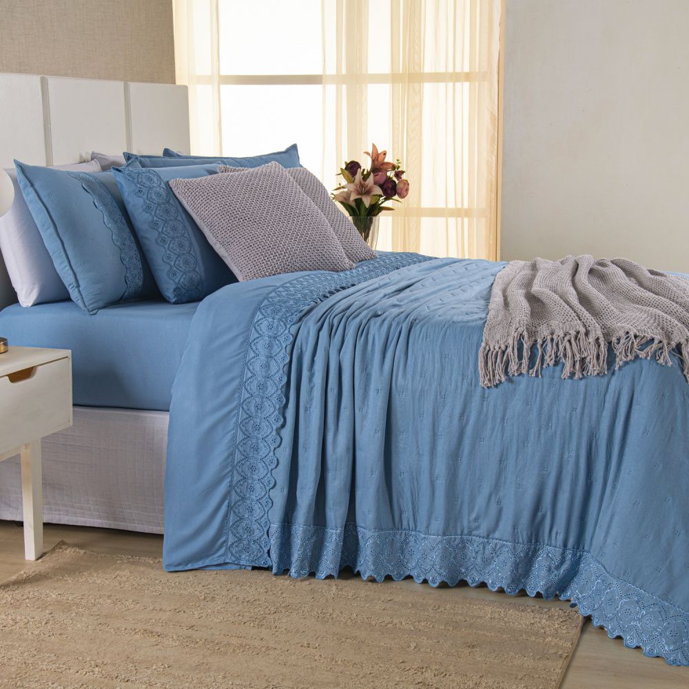 Kit Cama Posta Serena Percal 300 Fios Bordado Inglês Azul/Prata
