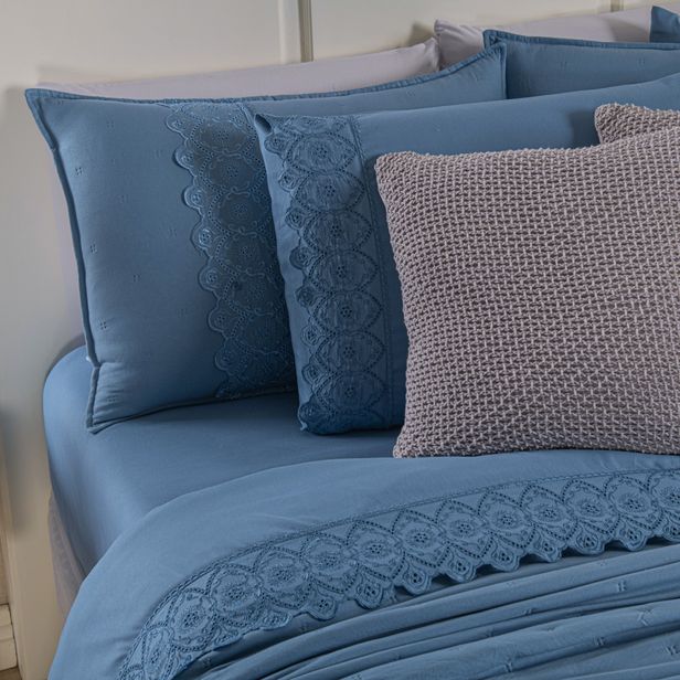 Kit Cama Posta Serena Percal 300 Fios Bordado Inglês Azul/Prata
