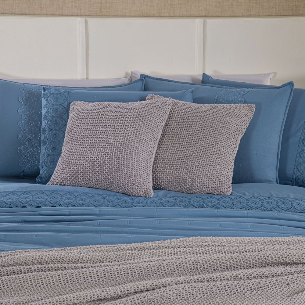 Kit Cama Posta Serena Percal 300 Fios Bordado Inglês Azul/Prata