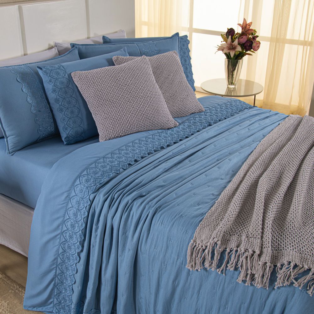 Kit Cama Posta Serena Percal 300 Fios Bordado Inglês Azul/Prata