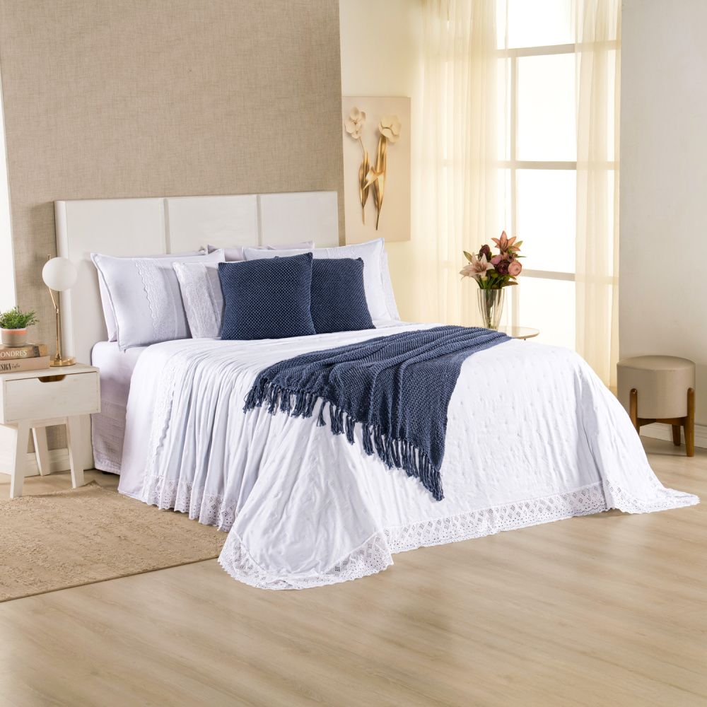 Kit Cama Posta Serena Percal 300 Fios Bordado Inglês Branco/Azul