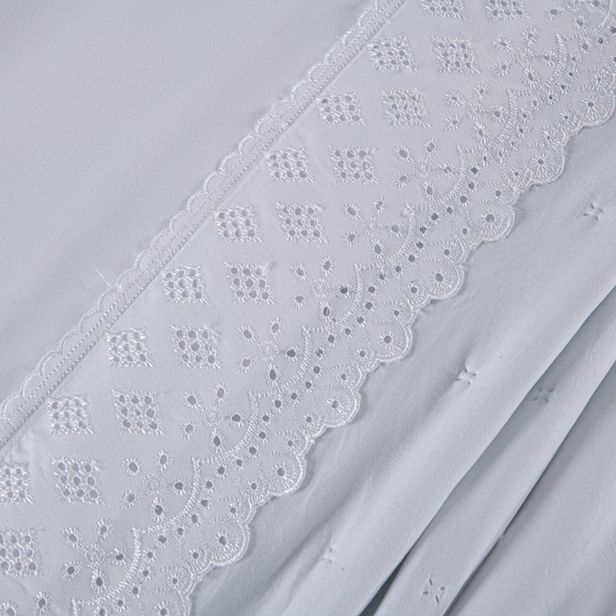 Kit Cama Posta Serena Percal 300 Fios Bordado Inglês Branco/Azul