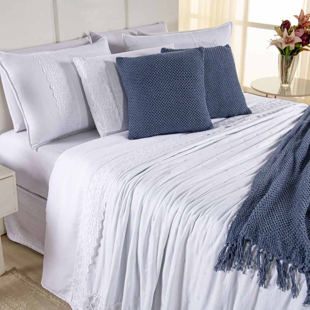 Kit Cama Posta Serena Percal 300 Fios Bordado Inglês Branco/Azul