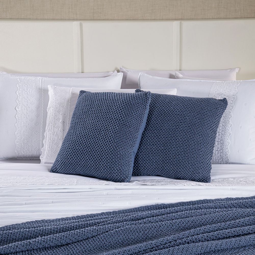 Kit Cama Posta Serena Percal 300 Fios Bordado Inglês Branco/Azul
