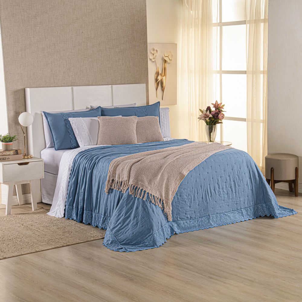 Kit Cama Posta Serena Percal 300 Fios Bordado Inglês Branco/Azul/Marfim